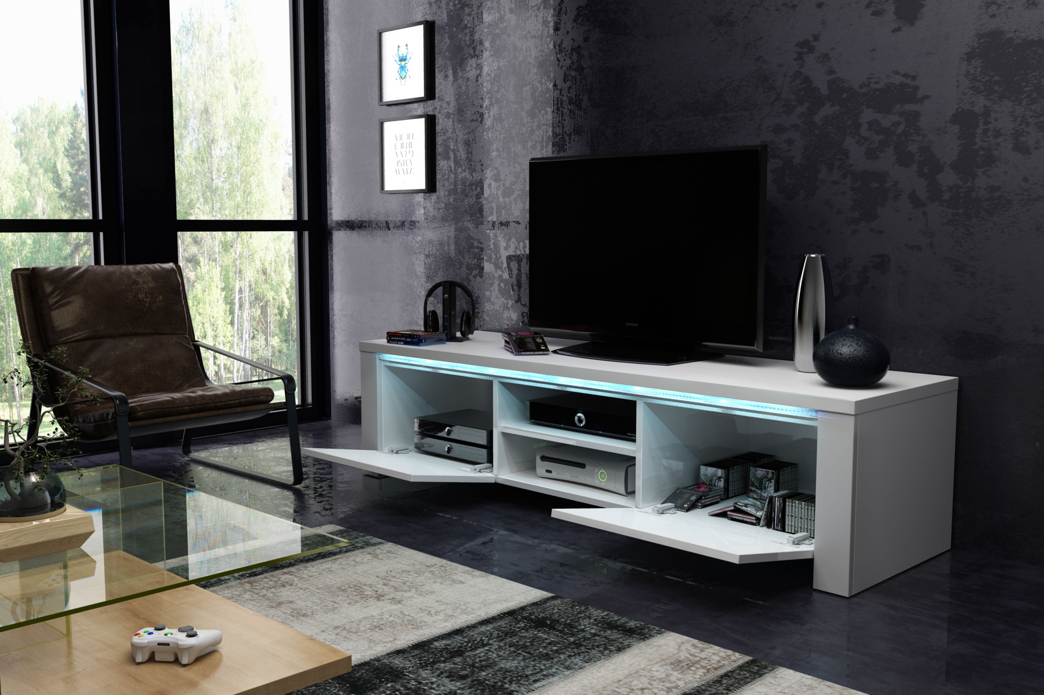 Torino White TV Table with LED Light, TV Table unit, Dafi Furniture, DafiFurniture